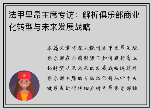 法甲里昂主席专访：解析俱乐部商业化转型与未来发展战略